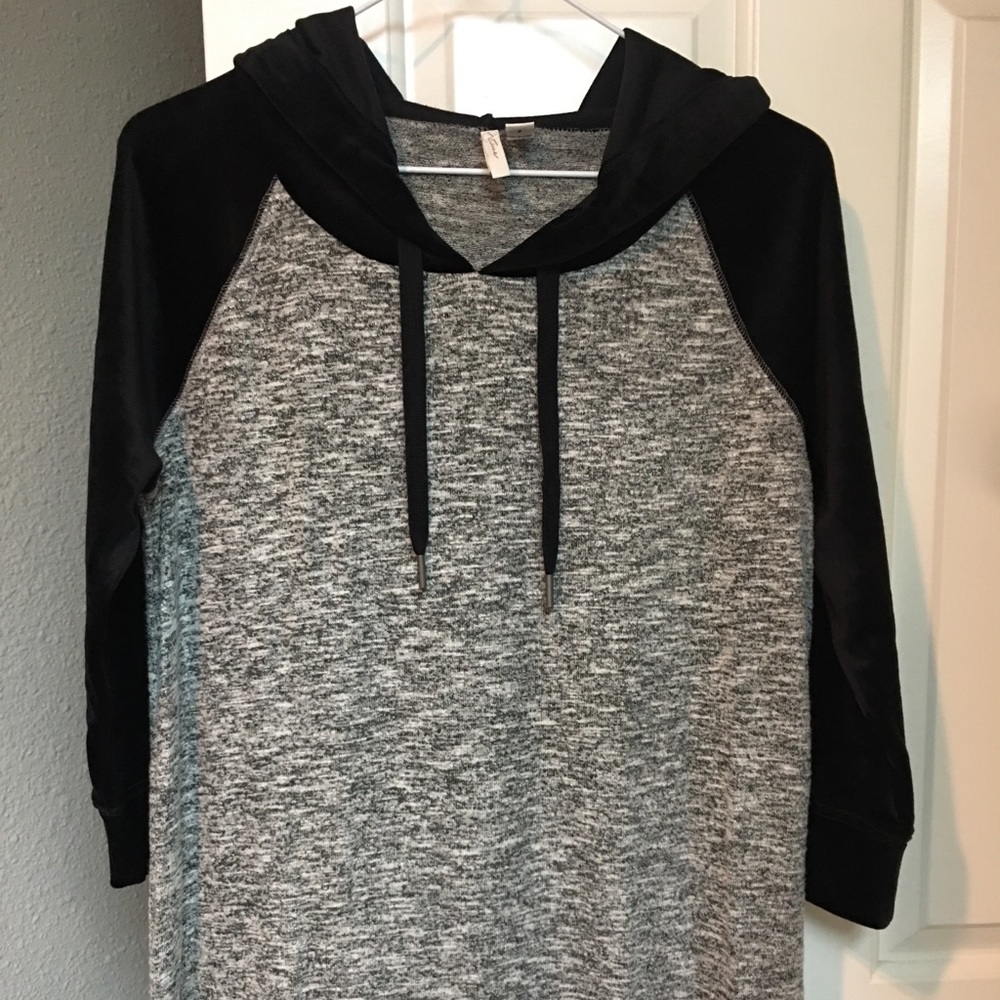 Actime brand top; gray top with black velvety sleeves and hood; size S